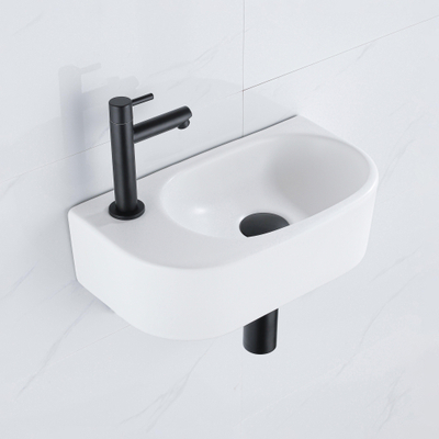 Fugaflow Efficiente Pietra Fonteinset - 40x21.5x12cm - links - glad - halfrond - 1 kraangat - keramiek - fonteinkraan zwart mat - afvoerplug - verlaagd sifon - wit glans