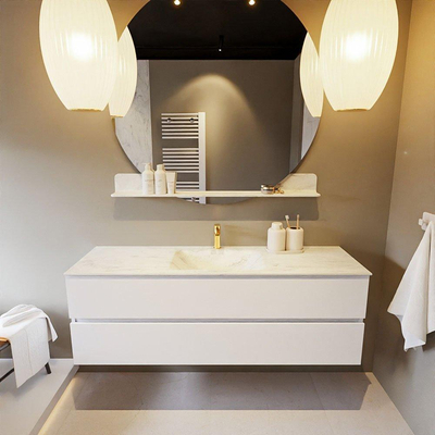 Mondiaz VICA-DLUX ensemble de meuble de salle de bain - 150cm - meuble sous lavabo talc - 2 tiroirs - lavabo encastré cloud milieu - 1 trou de robinet - version haute de 60cm - opalo