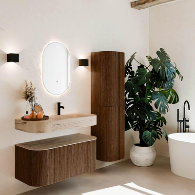 MONDIAZ THOR-DLUX 100cm badmeubel ronding links + rechts kleur Walnut met 1 lade en 2 deuren. Vrijhangende wastafel CLOUD Rechts 1 kraangat kleur Arena.