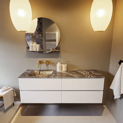 Mondiaz VICA-DLUX ensemble de meuble de salle de bain - 150cm - meuble sous lavabo talc - 4 tiroirs - lavabo encastrée cloud gauche - sans trous de robinet - version haute de 60cm - lave