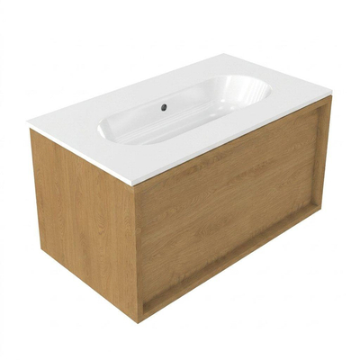 Saniclass Holz Frame Ensemble de meuble de salle de bains - 80x45x53.9cm - lavabo en céramique Chaci blanc - 1 vasque - sans trou de robinetterie - 1 tiroir - chêne natural mat (bois)