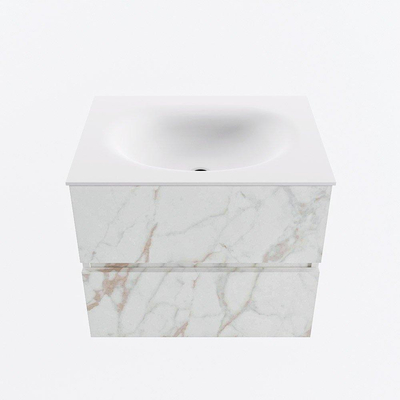 Mondiaz VICA ensemble de meuble de salle de bain - 60cm - meuble sous-vasque carrara - 2 tiroirs - lavabo moon milieu - sans trous de robinet - version haute de 60cm - talc