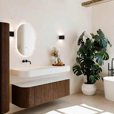 MONDIAZ THOR Meuble de salle de bains 140cm arrondi gauche + droite couleur Walnut avec 1 tiroir et 2 portes. Vasque suspendue CLOUD Gauche sans trou de robinet couleur Talc.