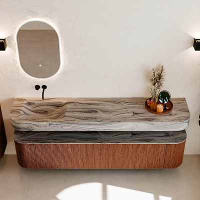 MONDIAZ THOR-DLUX 200cm meuble de salle de bains arrondi gauche + droite couleur Ruby avec 2 tiroirs et 2 portes. Vasque suspendue CLOUD Gauche sans trou de robinet couleur Sombra.