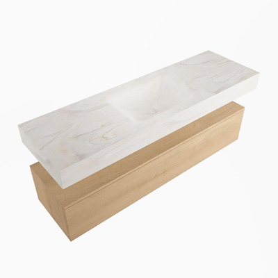 Mondiaz ALAN-DLUX Ensemble de meuble - 150cm - meuble Washed Oak mat - 1 tiroir - Lavabo Cloud Ostra suspendu - vasque Centre - 0 trous de robinet