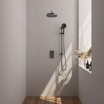 BRAUER Stripe Thermostatische Inbouw Regendouche - 3-weg - rechthoekig - SET 23 - 25cm douchekop - gebogen muurarm - 3-standen handdouche - doucheslang - geïntegreerde glijstang - gunmetal geborsteld PVD