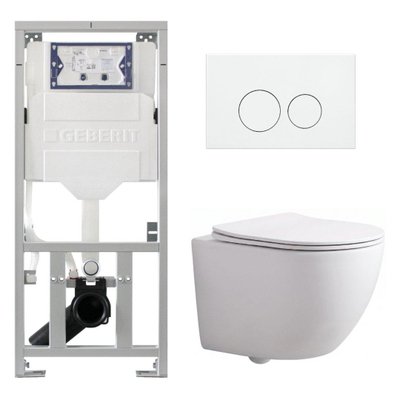 QeramiQ Dely Swirl Compact Toiletset - inbouwreservoir Geberit UP320 - met Burda frame - 25mm zitting - kunststof bedieningsplaat glans wit - ronde knoppen - mat wit