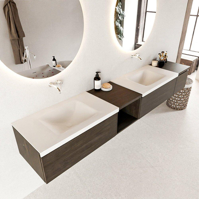 MONDIAZ BUKLA 240cm badmeubel met open module 40 links kleur Dark Brown met 3 lades. Wastafel CLOUD dubbel 0 kraangaten kleur Talc.
