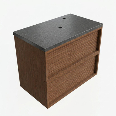 Saniclass Holz Frame Ensemble de meubles de salle de bains - 80x45x63cm - Plan vasque en basalte Noche poli (noir) - 1 trou de robinet - 2 tiroirs - walnut pure mat (bois)