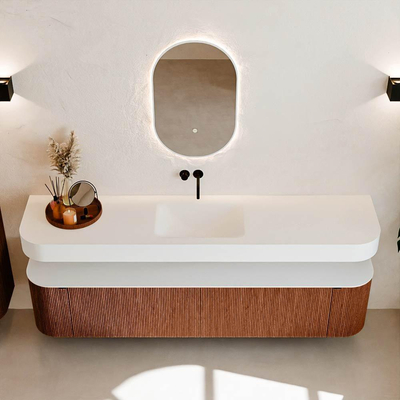 MONDIAZ THOR 200cm meuble de salle de bains arrondi gauche + droite couleur Ruby avec 2 tiroirs et 2 portes. Vasque suspendue CLOUD Milieu sans trou de robinet couleur Talc.