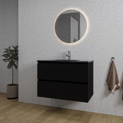 Saniclass Chaci Ensemble meuble de salle de bains - 80x46x55cm - vasque en céramique noire - 1 lavabo - 1 trou de robinet - 2 tiroirs - miroir rond avec éclairage - noir mat
