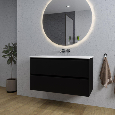 Saniclass Chaci Ensemble meuble de salle de bains - 100x46x55cm - lavabo en céramique blanc - 1 vasque - sans trous de robinet - 2 tiroirs - miroir rond avec éclairage - noir mat