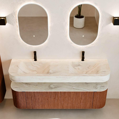 MONDIAZ THOR-DLUX 160cm meuble de salle de bains arrondi gauche + droite couleur Ruby avec 1 tiroir et 2 portes. Vasque suspendue CLOUD Double 2 trous de robinet couleur Ostra.