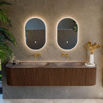 MONDIAZ KURVE-DLUX 190cm meuble de salle de bains arrondi gauche + droite couleur Walnut avec 2 tiroirs et 2 portes. Plan-vasque STOR SMALL double sans trou de robinet Oza.