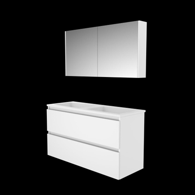 Basic-Line Comfort 46 ensemble de meubles de salle de bain 120x46cm sans poignée 2 tiroirs lavabo acrylique 0 trous de robinetterie armoire de toilette mdf laqué blanc glacier