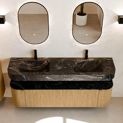 MONDIAZ THOR-DLUX 170cm badmeubel ronding links + rechts kleur Oak met 1 lade en 2 deuren. Vrijhangende wastafel CLOUD Dubbel 2 kraangaten kleur Lava.