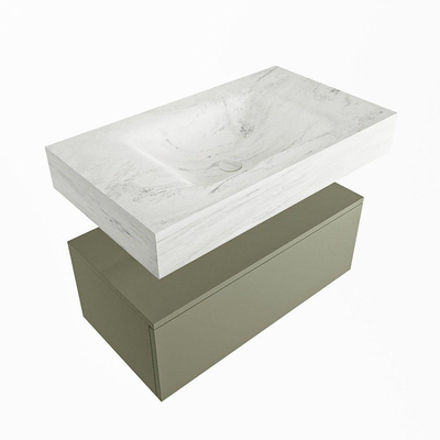 Mondiaz ALAN-DLUX Ensemble de meuble - 80cm - meuble Army mat - 1 tiroir - Lavabo Cloud Opalo suspendu - vasque Centre - 1 trou de robinet