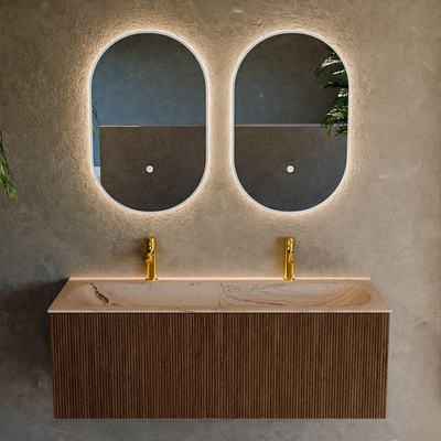 MONDIAZ KURVE-DLUX 120cm badmeubel kleur Walnut met 1 lade en 0 deuren. Wastafel BIG LARGE Midden 2 kraangaten Arena.