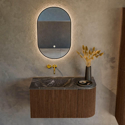 MONDIAZ KURVE-DLUX 85cm badmeubel met module 25 R kleur Walnut met 1 lade en 1 deur. Wastafel CLOUD links zonder kraangat kleur Lava.