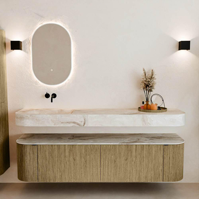 MONDIAZ THOR-DLUX 180cm meuble de salle de bains arrondi gauche + droite couleur Dusk avec 2 tiroirs et 2 portes. Vasque suspendue CLOUD Gauche sans trou de robinet couleur Frappe.