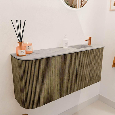 Mondiaz JOYA-DLUX 91.6cm meuble de salle de bains - arrondi gauche couleur Dusk - Vasque FAYE position Droite 1 trou de robinet couleur Glace.