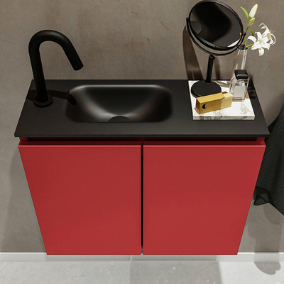 MONDIAZ TURE Toiletmeubel 60x23x50cm met 1 kraangaten 2 deuren fire mat Wastafel Eden links Solid Surface Zwart