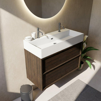 Saniclass Holz Frame Ensemble meuble de salle de bains - 100x45x72cm - lavabo Legend en céramique blanc mat - 1 vasque - 2 trous de robinetterie - 2 tiroirs - chêne charcoal mat (bois)