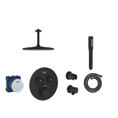 GROHE Grohtherm SmartControl Ensemble de douche à effet pluie - boîtier encastré - tête de douche ronde - bras de plafond - support de douchette - douchette à main en barre - phantom black (noir mat)