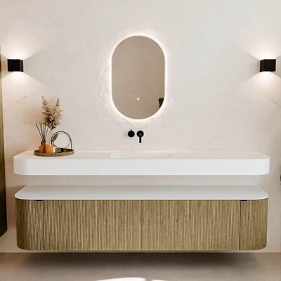 MONDIAZ THOR 200cm meuble de salle de bains arrondi gauche + droite couleur Dusk avec 2 tiroirs et 2 portes. Vasque suspendue CLOUD Milieu sans trou de robinet couleur Talc.