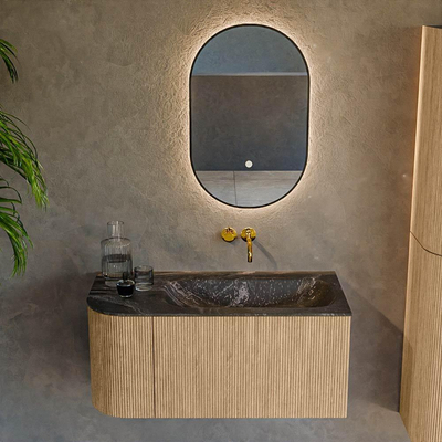 MONDIAZ KURVE-DLUX 95cm Meuble salle de bain avec module 25 G - couleur Oak - 1 tiroir - 1 porte - vasque BIG SMALL droite - sans trou de robinet - couleur Lava