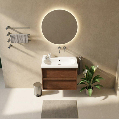 Saniclass Holz Frame Ensemble meuble de salle de bains - 80x45x63.5cm - Lavabo en céramique Palermo blanc - 1 vasque - sans trou de robinet - 2 tiroirs - walnut pure mat (bois)