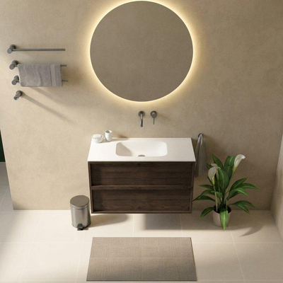 Saniclass Holz Frame Ensemble de meubles de salle de bains - 100x45x61.5cm - Flow lavabo en solid surface blanc - 1 vasque - sans trou de robinet - 2 tiroirs - chêne charcoal mat (bois)