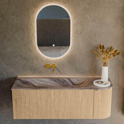 MONDIAZ KURVE-DLUX Meuble de salle de bains 125cm arrondi à droite couleur Chêne avec 1 tiroir et 1 porte. Lavabo BIG MEDIUM gauche sans trou de robinet Sombra.
