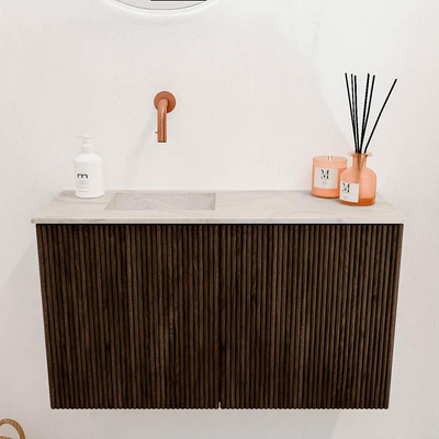 Mondiaz JOYA-DLUX 70cm toiletmeubel - kleur Walnut - Wastafel FAYE positie Links Zonder kraangat kleur Ostra.