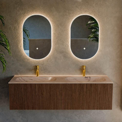 MONDIAZ KURVE-DLUX meuble de salle de bains 150cm couleur Walnut avec 2 tiroirs et 0 porte. Lavabo STOR SMALL Double 2 trous de robinet Arena.