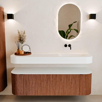 MONDIAZ THOR 150cm meuble de salle de bains arrondi gauche + droite couleur Ruby avec 1 tiroir et 2 portes. Vasque suspendue CLOUD Droite sans trou de robinet couleur Talc.