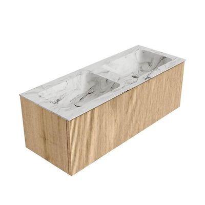 MONDIAZ KURVE-DLUX 120cm Meuble salle de bain - couleur Oak - 1 tiroir - vasque LEAF double - sans trou de robinet - couleur Glace