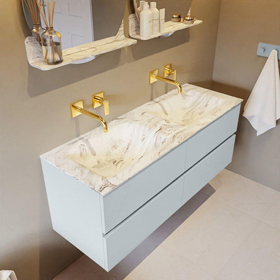 Mondiaz VICA-DLUX ensemble de meuble de salle de bain - 130cm - meuble sous-vasque argile - 4 tiroirs - lavabo encastré nuage double - sans trous de robinet - version haute de 60cm - glace