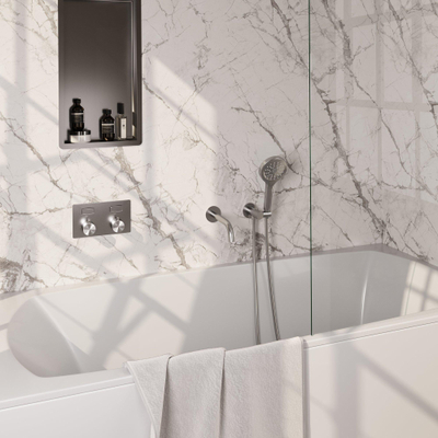 BRAUER Brushed Edition robinet de baignoire encastré thermostatique - boutons poussoirs SET 04 - bec - douchette 3 jets - flexible de douche - coude d'alimentation mural - acier inoxydable brossé PVD