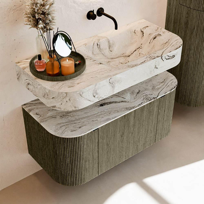 MONDIAZ THOR-DLUX 100cm meuble de salle de bains arrondi gauche + droite couleur Shadow avec 1 tiroir et 2 portes. Vasque suspendue CLOUD droite sans trou de robinet couleur Glace.