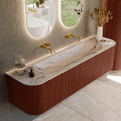 MONDIAZ KURVE-DLUX 170cm badmeubel ronding Links + Rechts kleur Ruby met 1 lade en 2 deuren. Wastafel BIG LARGE Midden zonder kraangat Nata.