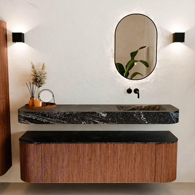 MONDIAZ THOR-DLUX 160cm meuble de salle de bains arrondi gauche + droite couleur Ruby avec 1 tiroir et 2 portes. Vasque suspendue CLOUD droite sans trou de robinet couleur Lava.