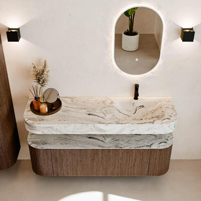 MONDIAZ THOR-DLUX 150cm badmeubel ronding links + rechts kleur Walnut met 1 lade en 2 deuren. Vrijhangende wastafel CLOUD Rechts 1 kraangat kleur Glace.