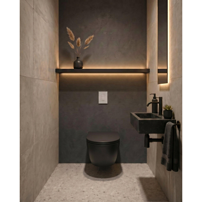 QeramiQ Dely Swirl Toiletset - 36.5x 53cm - Grohe Rapid inbouwreservoir - slim zitting - witte bedieningsplaat - rechthoekige knoppen - matte black (mat zwart)