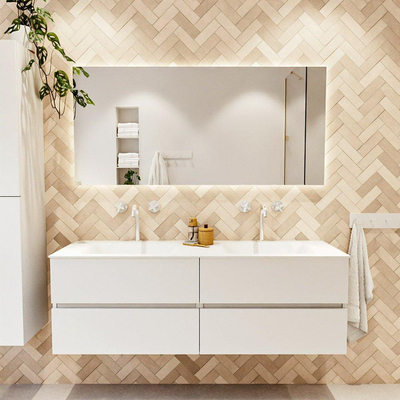 MONDIAZ VICA meuble sous lavabo 150cm Talc 4 tiroirs. Lavabo CLOUD double 2 trous de robinet, couleur Talc.
