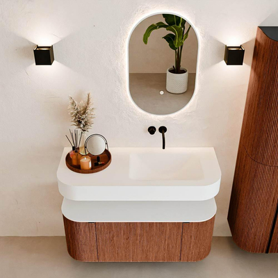 MONDIAZ THOR 110cm meuble de salle de bains arrondi gauche + droite couleur Ruby avec 1 tiroir et 2 portes. Vasque suspendue CLOUD Droite sans trou de robinet couleur Talc.