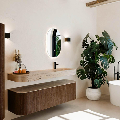 MONDIAZ THOR-DLUX 160cm meuble de salle de bains arrondi gauche + droite couleur Walnut avec 1 tiroir et 2 portes. Vasque suspendue CLOUD droite 1 trou de robinet couleur Arena.