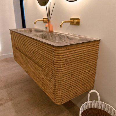 Mondiaz CIRO-DLUX Badkamermeubelset - 140x45x50cm - Solid surface wastafel Sombra - 2 wasbak Dubbel - zonder kraangaten - 4 lades - Oak