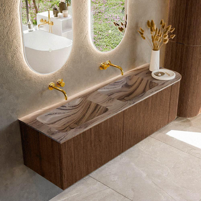 MONDIAZ KURVE-DLUX Meuble de salle de bains 155cm arrondi à droite couleur Walnut avec 2 tiroirs et 1 porte. Vasque LEAF Double / Gauche sans trou de robinet Sombra.