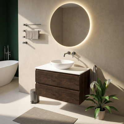 Saniclass Holz Atelier Ensemble de meubles de salle de bains - 100x45x62.5cm - Plan de toilette Torino en solid surface blanc - sans trou de robinetterie - 2 tiroirs - chêne charcoal mat (bois)